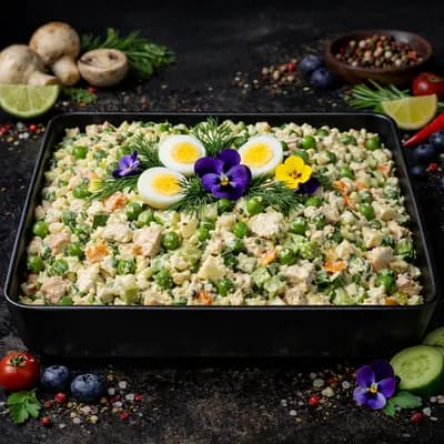 Банкетная подача Оливье с курицей су-вид, яйцом и свежим огурцом