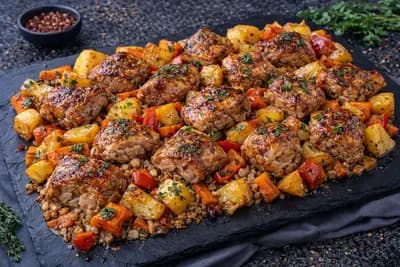 Свинина, запечённая с овощами в мёдово-уксусной глазури