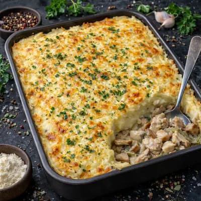 Запеканка из мяса с картофельным пюре и грибами