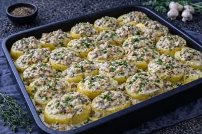 Картофель отварной под грибным соусом