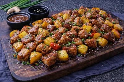 Свинина с ананасом и яблоком в карамельном соусе