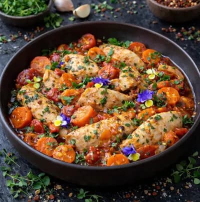 Тушёное филе курицы с морковью, томатами и чесноком