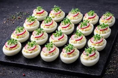 Яйца фаршированные творожным сыром и редисом | 20 половинок