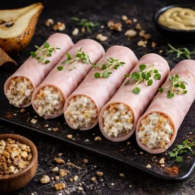 Рулетики из ветчины с кремом из копчёной груши и орехов 25 г