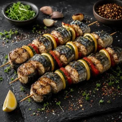Брошеты из скумбрии с лимоном и овощами