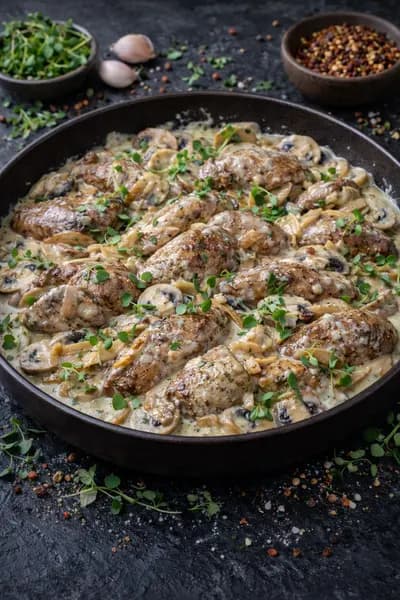Печень куриная в сливочном соусе с луком и грибами