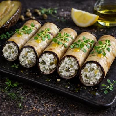 Рулетики из баклажанов с творожным сыром, каперсами и солёным огурчиком 25г