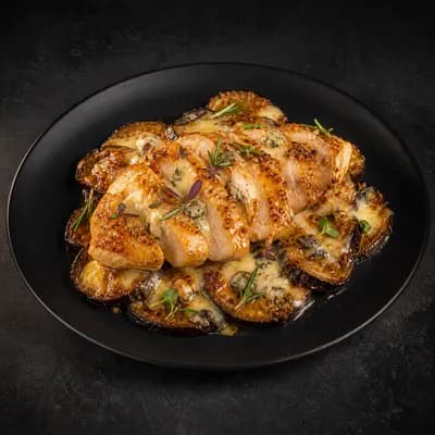 Куриная грудка в медово-горчичном соусе с сыром и баклажаном — порция 350 г