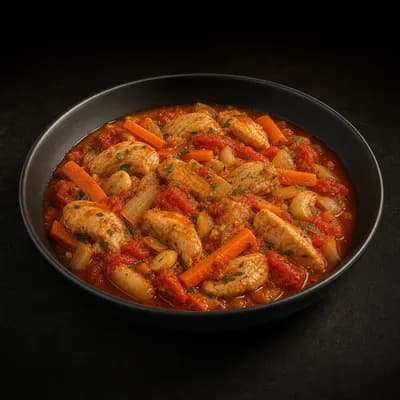 Тушёное филе курицы с морковью, томатами и чесноком — порция 350 г