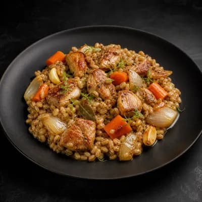 Перловка с курицей и томлёными овощами — порция 350 г