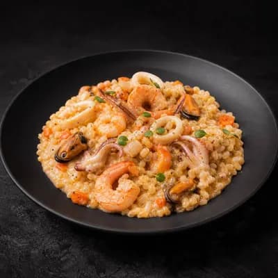 Морепродукты с булгуром и овощами в сливочно-чесночном соусе — порция 350 г
