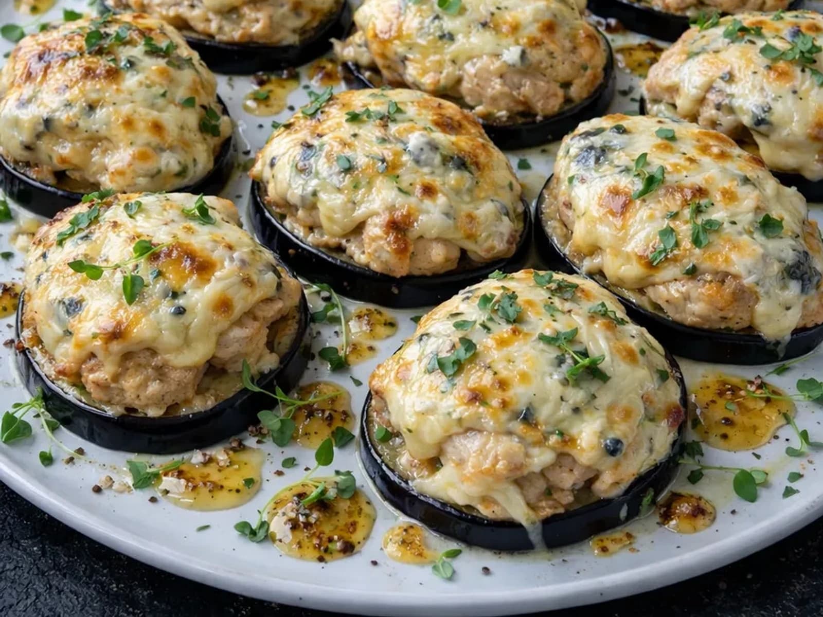Куриная грудка в медово-горчичном соусе с сыром и баклажаном