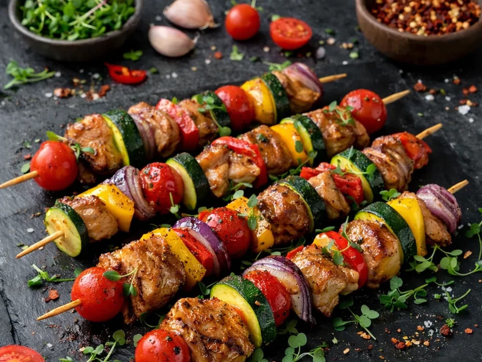 Брошеты из куриных бедрышек с овощами